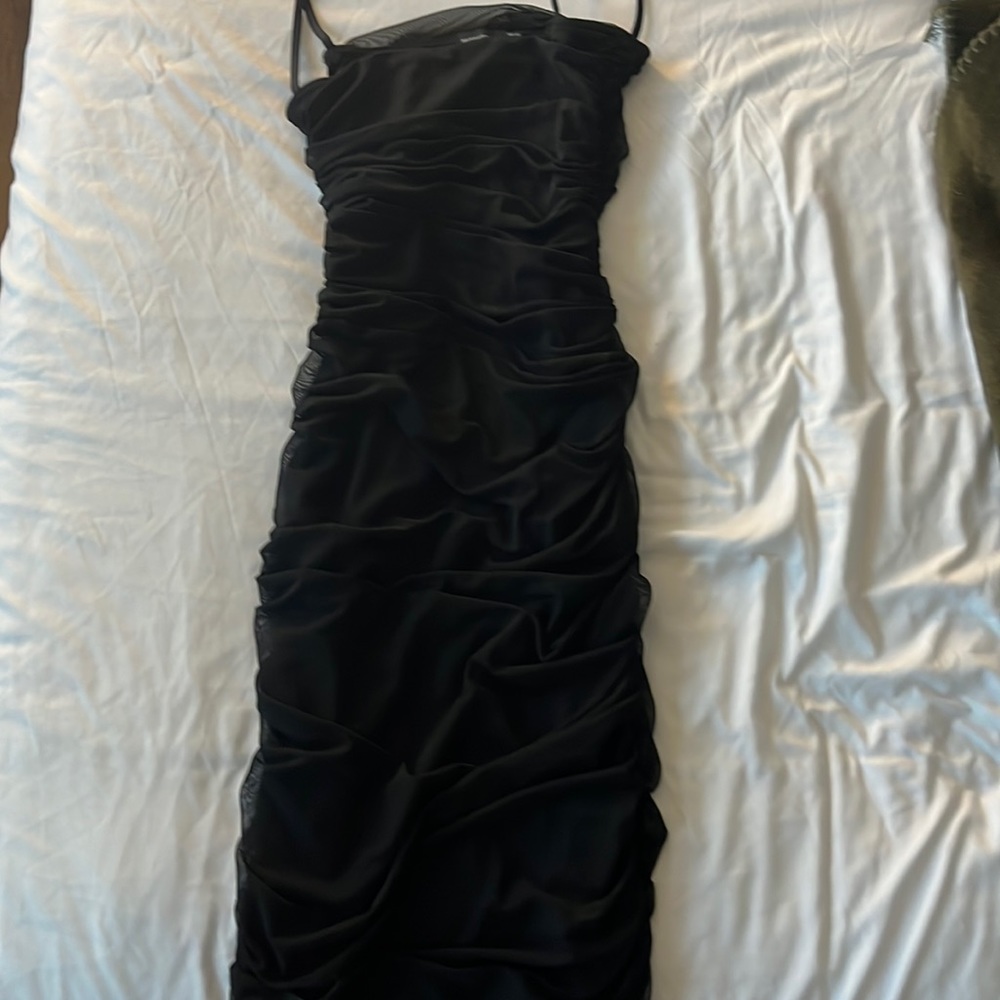Black Ruched Mesh Maxi Dress